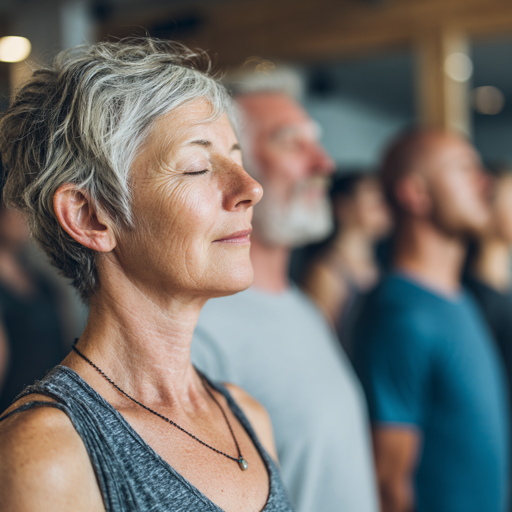 Middle-aged adults engaged in mindful movement exercises in a serene fitness studio