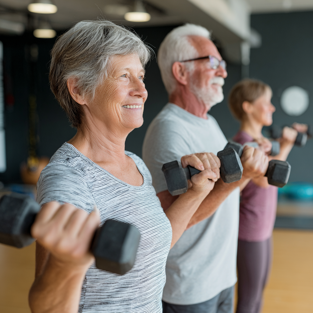 Older adults participating in functional training exercises with professional guidance